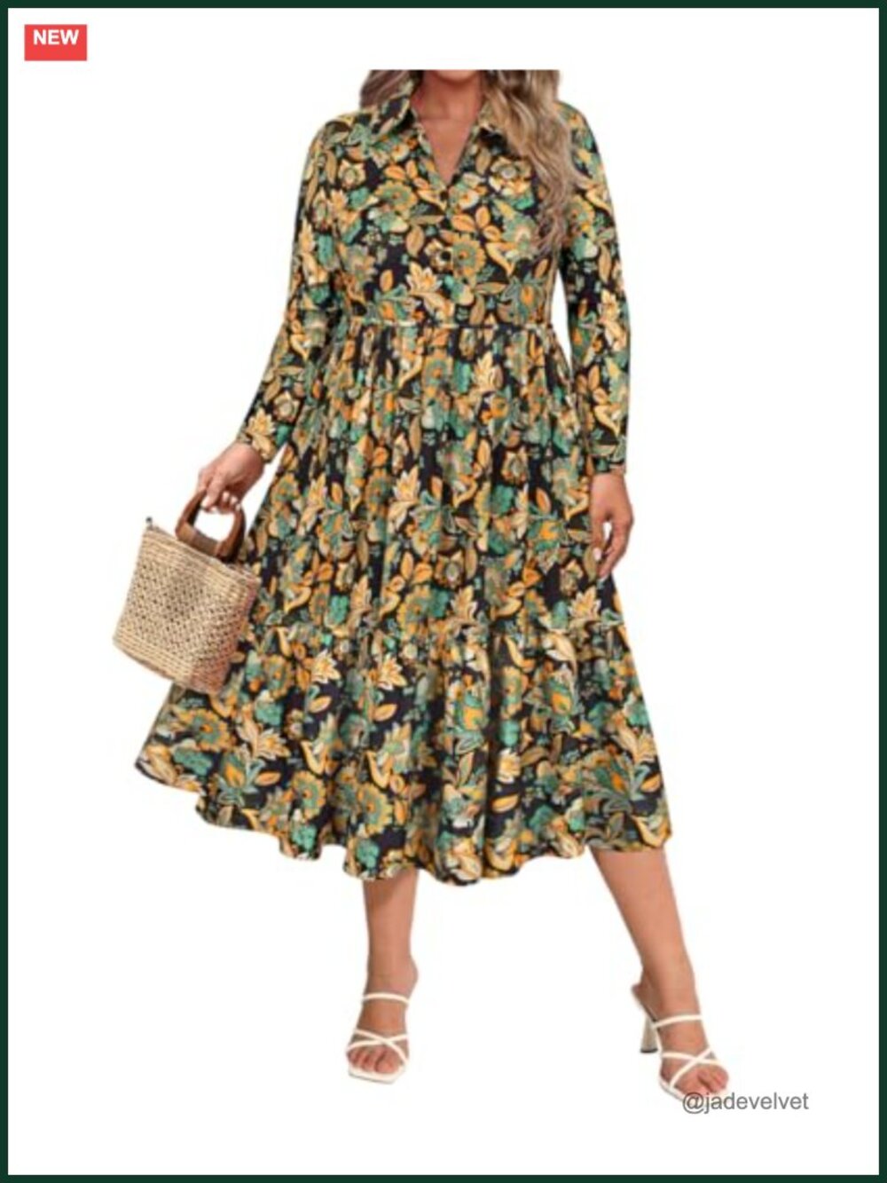 Plus Size Midi Dress Collared V-Neck Long Sleeve Floral Pocket